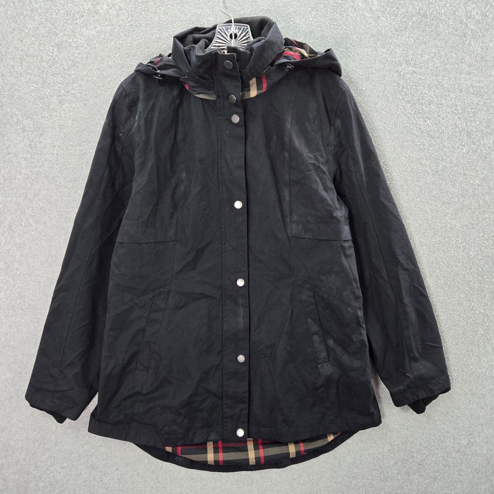 Pendleton Women Jacket Medium Black Rain Coat Hoodie Full Zip Snap Button Pocket
